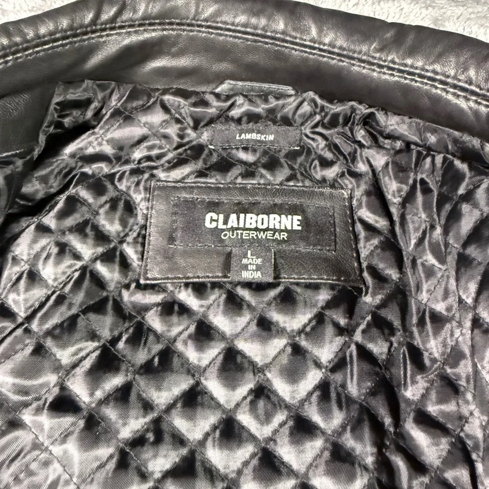 Claiborne Mens Black Genuine Leather‎ Bomber Jacket Quilted Lining Large L